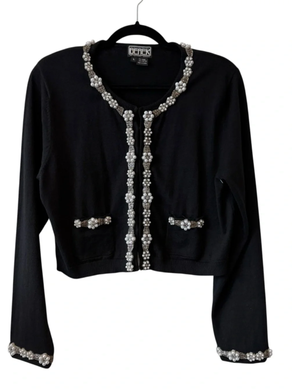 Vintage Berek Takako Sakon Cropped Black Cardigan with Pearls And Sequins Trim - Picture 2 of 16